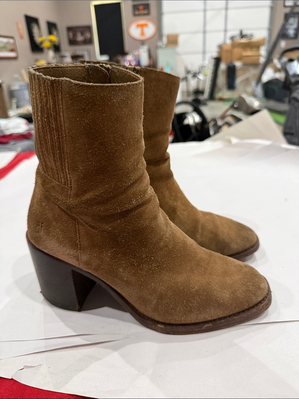 Frye Tan Suede Mid-Block Heel Ankle Boots